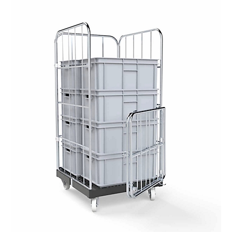 Rolkooi met meerdere grijze dozen, omgeven door een metalen frame met wielen.