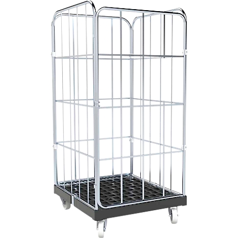 Metalen rolkooi met wielen. Zwarte kunststof basis, zilveren roosterwanden.