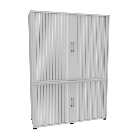 Witte kast met geribbelde deuren, twee niveaus en handgrepen.