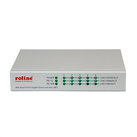Roline Web Smart 6-Port Gigabit Switch in einem silbernen Metallgehäuse mit leuchtenden grünen Status-LEDs.