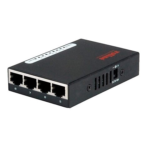 Schwarzer Roline Netzwerk-Switch mit 8 Ports vor weißem Hintergrund.