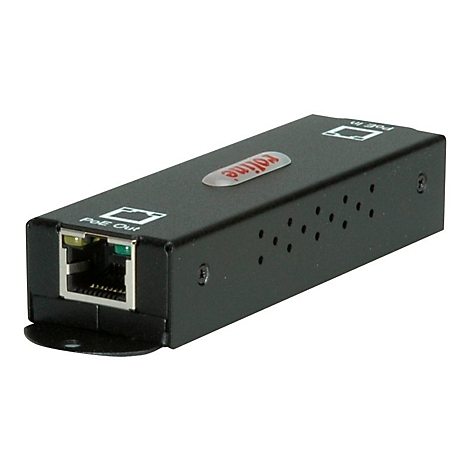 Schwarzer PoE-Injektor mit RJ45-Anschluss, beschriftet mit PoE Out und Roline-Logo auf weißem Hintergrund.