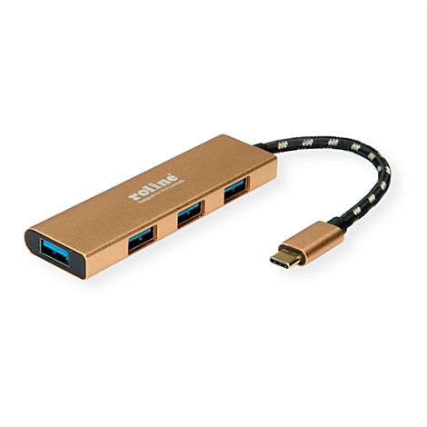 Goldener USB-C Hub von Roline mit vier USB-Anschlüssen und geflochtenem Kabel.