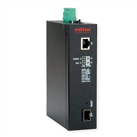 Schwarzer Roline Medienkonverter mit RJ45- und SFP-Anschluss sowie LED-Anzeigen vor weißem Hintergrund.
