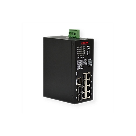 Schwarzer Industrial-Netzwerk-Switch von Roline mit mehreren LAN-Ports und LED-Anzeigen auf hellem Hintergrund.