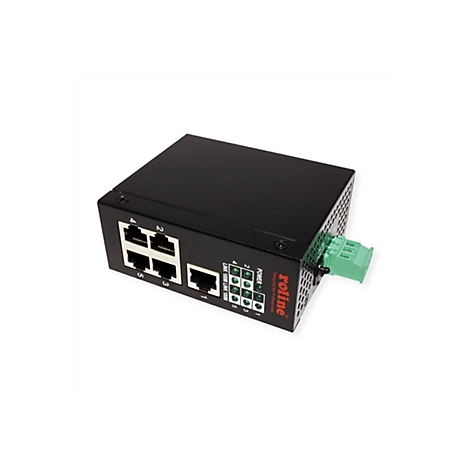 Schwarzer Roline 5-Port Fast Ethernet Switch mit RJ45-Anschlüssen und grünem Stromanschluss vor weißem Hintergrund.