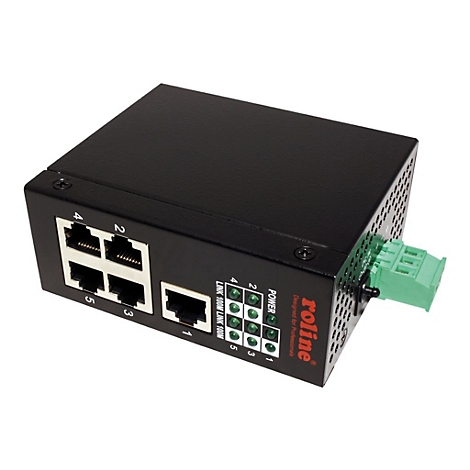 Schwarzer 5-Port Industrial-Ethernet-Switch von Roline mit RJ45-Anschlüssen und grünen Status-LEDs.