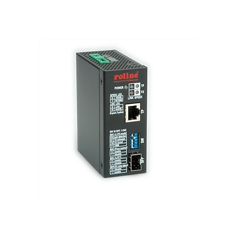 Schwarzer Industrie-Medienkonverter von Roline mit RJ45- und SFP-Anschluss sowie Konfigurationsschaltern.