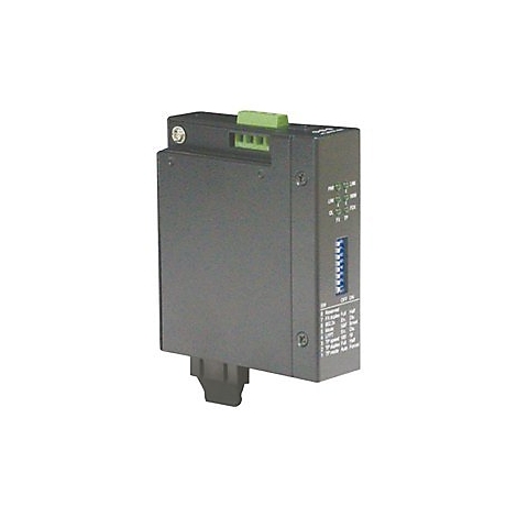 Schwarzes Industrie-Interface-Gerät mit grünem Anschlussblock, Status-LEDs und DIP-Schaltern auf der Vorderseite.