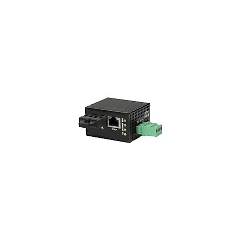 Schwarzer Netzwerk-Medienkonverter mit RJ45-Port, LWL-Anschluss und grünem Stromanschluss-Stecker.