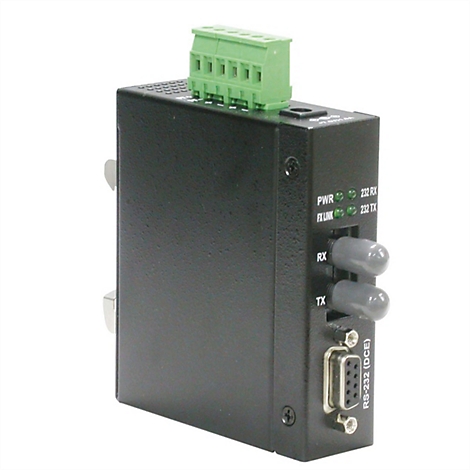 Schwarzer industrieller Medienkonverter mit grünem Klemmblockanschluss, LED-Anzeigen und RS-232-Schnittstelle.