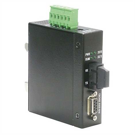 Schwarzer industrieller Medienkonverter mit grünem Klemmblock, optischem Anschluss und RS-232-Schnittstelle.