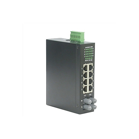 Schwarzer industrieller Netzwerk-Switch mit acht Ethernet-Ports und zwei Glasfaseranschlüssen vor weißem Hintergrund.