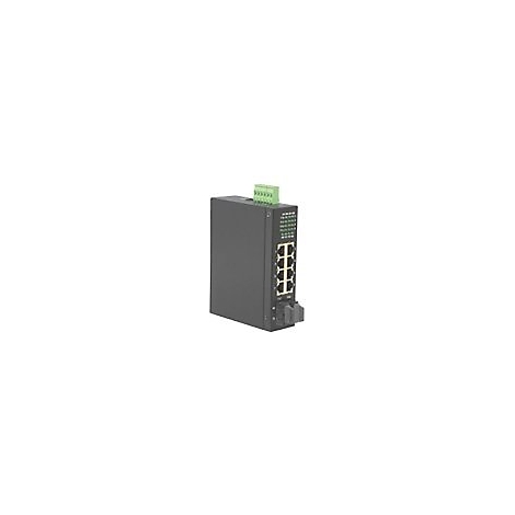 Industrie-Ethernet-Switch in einem grauen Metallgehäuse mit acht RJ45-Ports und grüner Anschlussklemme oben.