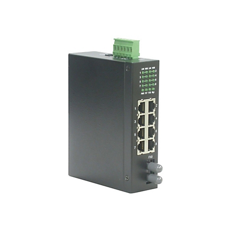 Schwarzer Industrie-Netzwerk-Switch mit acht LAN-Ports, zwei Glasfaseranschlüssen und Status-LEDs auf weißem Grund.
