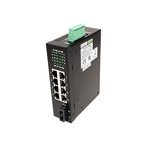 Schwarzer industrieller Ethernet-Switch mit acht LAN-Ports, einem Glasfaseranschluss und grünem Anschlussblock.