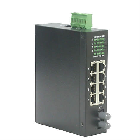 Schwarzer Industrial-Netzwerk-Switch mit acht Ethernet-Ports und grünem Anschlussblock vor weißem Hintergrund.