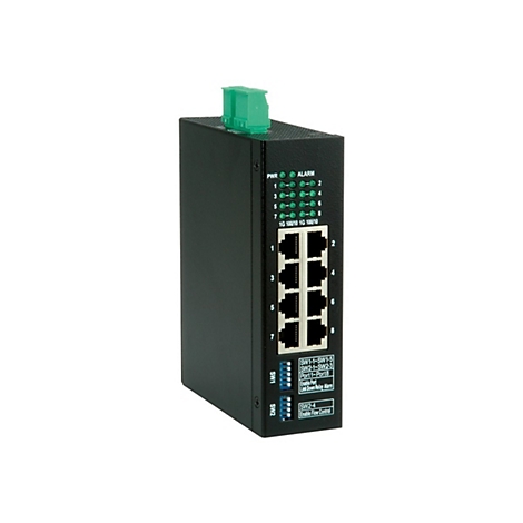 Schwarzer industrieller Ethernet-Switch mit acht Ports, grünen LED-Anzeigen und Dip-Schaltern.