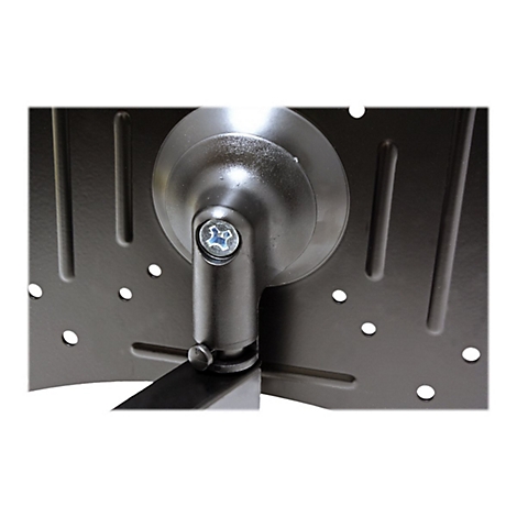 Detailansicht eines schwarzen Metall-Gelenks an einer Monitorhalterung mit Kreuzschraube.