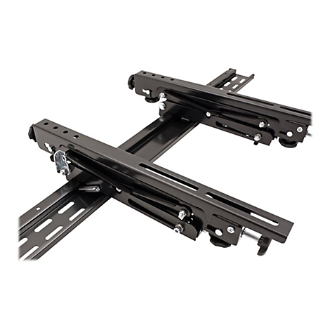 Schwarze, verstellbare Metallhalterung für Montagezwecke mit Schienen und Schrauben auf weißem Hintergrund.