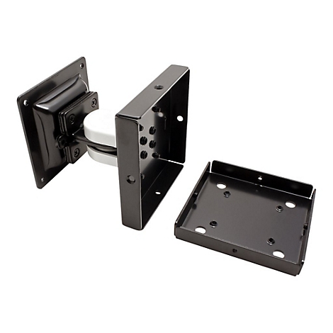 Schwarze, neigbare Monitor-Wandhalterung aus Metall mit quadratischer Wandplatte und abnehmbarer VESA-Platte.