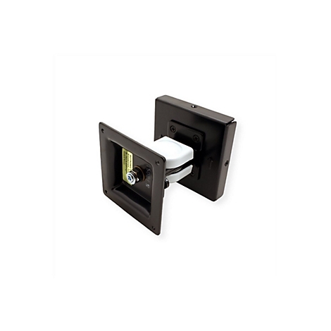 Schwarze Metallhalterung mit weißem Gelenkelement und Aufkleber vor weißem Hintergrund.