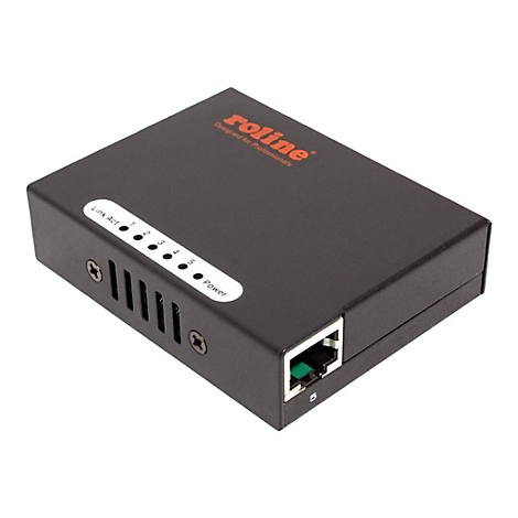 Schwarzer Roline Netzwerk-Switch mit fünf Anschlüssen und LED-Statusanzeigen auf der Oberseite.