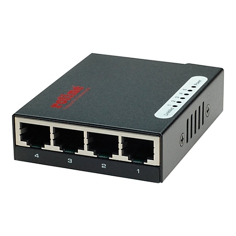 Schwarzer Roline Netzwerk-Switch mit fünf Ports vor weißem Hintergrund.