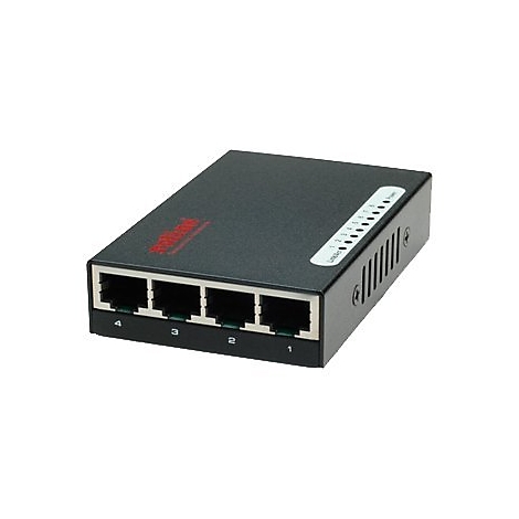 Schwarzer 5-Port Ethernet-Switch mit vier frontseitigen LAN-Anschlüssen und LED-Statusanzeigen.