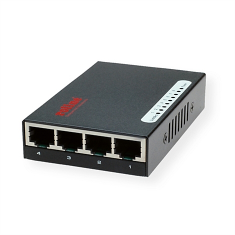 Schwarzer Roline Netzwerk-Switch mit 4 RJ45-Ports und Status-LEDs für Strom sowie Verbindung.
