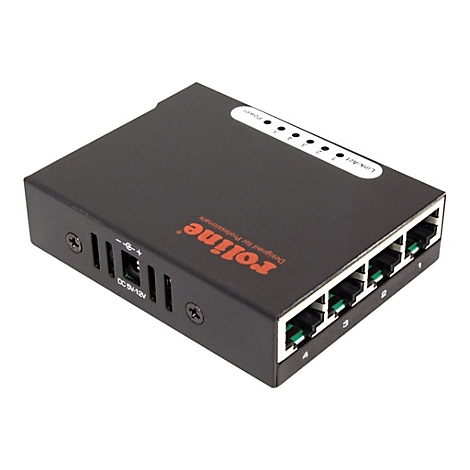 Schwarzer 5-Port Roline Netzwerk-Switch mit Status-LEDs und Stromanschluss auf weißem Hintergrund.