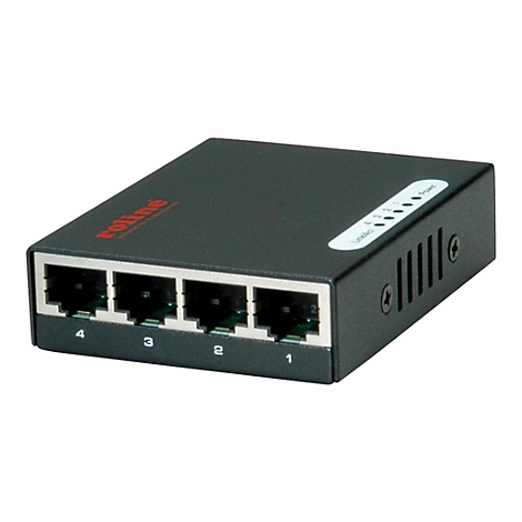 Schwarzer 4-Port Netzwerk-Switch der Marke Roline vor weißem Hintergrund.