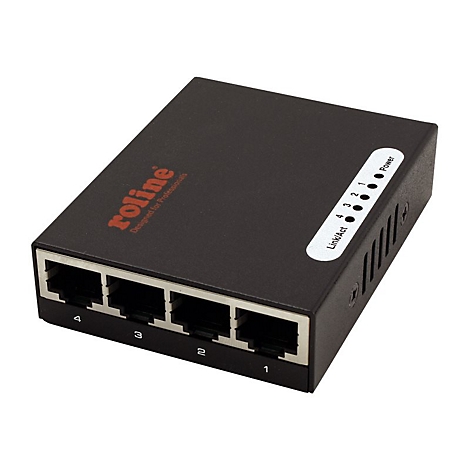 Schwarzer Roline Netzwerk-Switch mit vier LAN-Ports und LED-Anzeige vor weißem Hintergrund.