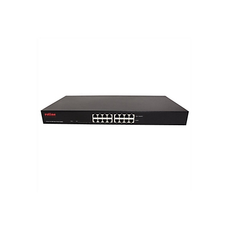 Schwarzer 8-Port Roline PoE Mid-Span Power Supply Netzwerk-Switch vor weißem Hintergrund.