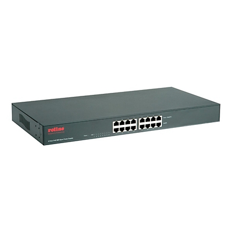 Schwarzer 8-Port PoE-Midspan-Switch von Roline auf weißem Hintergrund.