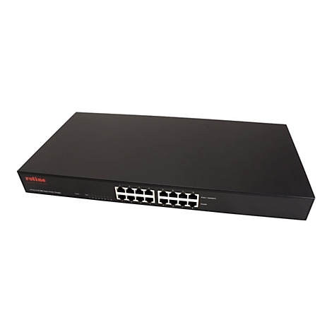 Schwarzer 8-Port Roline PoE-Midspan-Switch vor weißem Hintergrund.