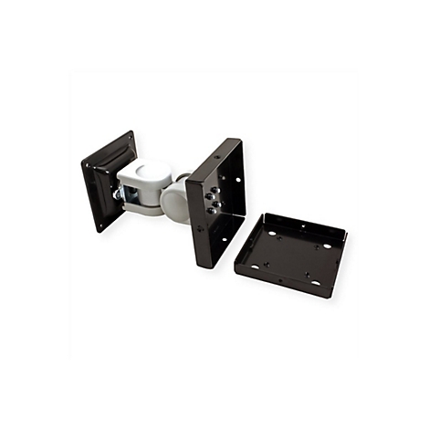 Schwenkbare Monitorhalterung aus Metall in Schwarz mit silbernem Gelenk und abnehmbarer Montageplatte.