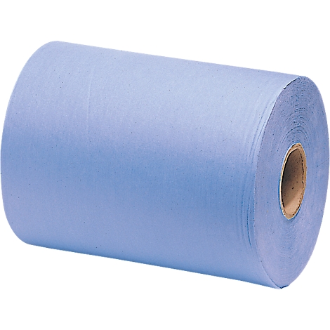 Blue cleaning paper roll. Detail view: The core is brown.