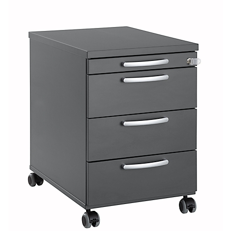 Dark gray rolling file cabinet with three drawers and silver handles. A key is in the top compartment.