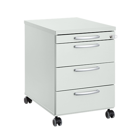 Light grey mobile filing cabinet with three drawers, silver handles and wheels.