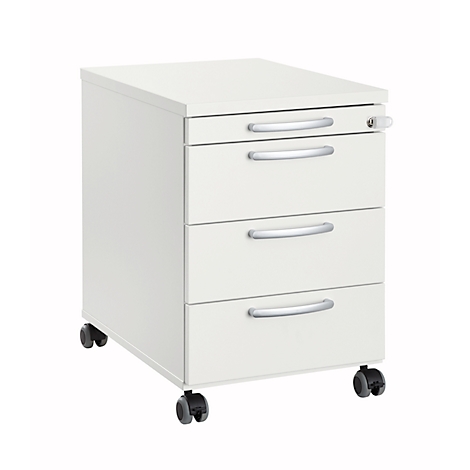 White mobile pedestal with three drawers and silver handles. Wheels at the feet.