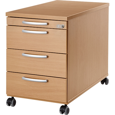 A wooden-colored mobile pedestal with three drawers and silver handles. It stands on castors.