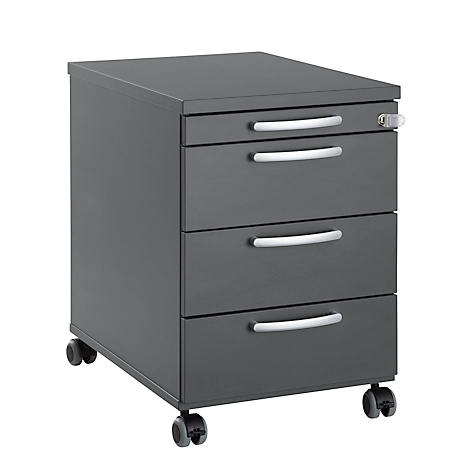 Dark gray mobile pedestal with four drawers, chrome handles, and wheels.