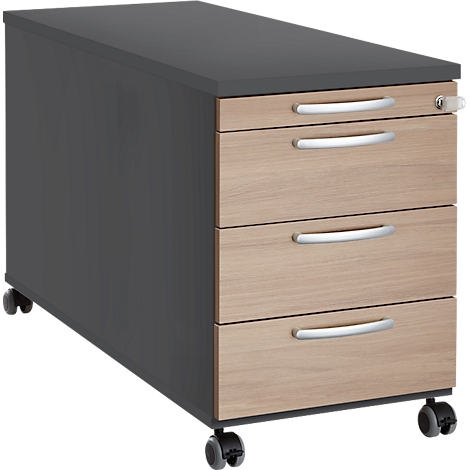 Mobile desk container with three drawers, wood look, anthracite-colored, castors, lockable.
