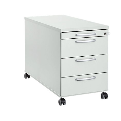 Light grey rolling cabinet with three drawers and wheels. The top drawer has a lock and silver handles.