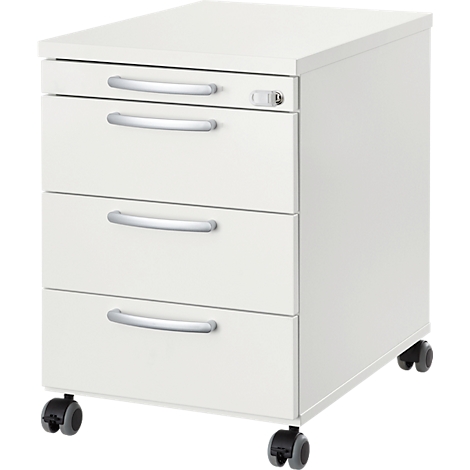 White rolling cabinet with three drawers, silver handles, and casters.