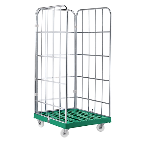 Roll cage with wire mesh and rollers. Green base plate. Metal grid on both sides.