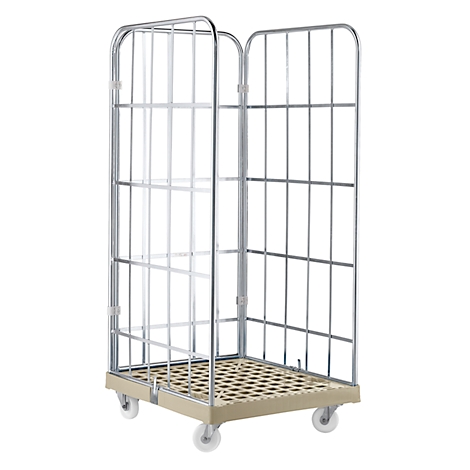 Metal frame roll container on wheels. The cart has a brown grid surface and stands against a white background.
