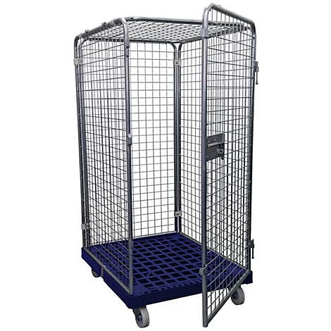 Metal cage cart with open door and blue bottom, on wheels. Detailed view of the product.