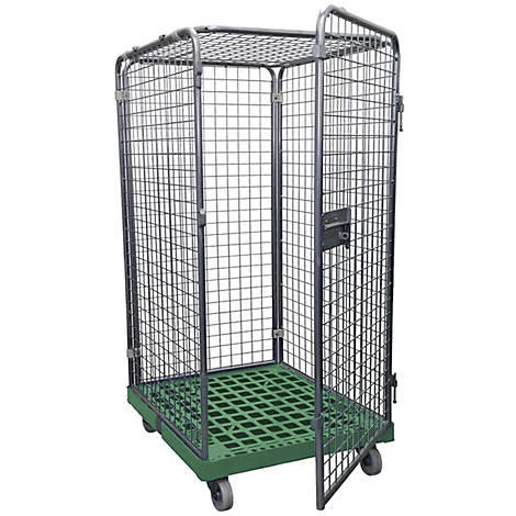 Roll container with green base and wire cage, door open. Wheels at the bottom.